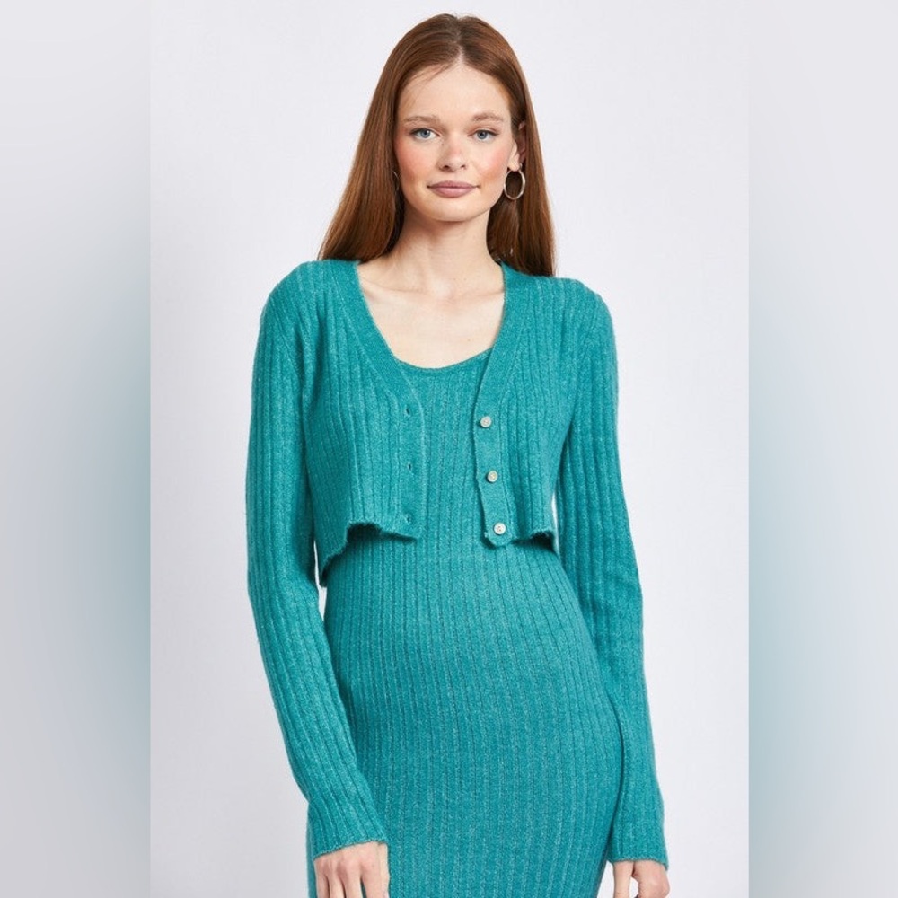 NWT Emory Park Women’s Teal Ribbed Cropped Cardigan Sweater Cozy Y2K Size Small - Picture 1 of 7